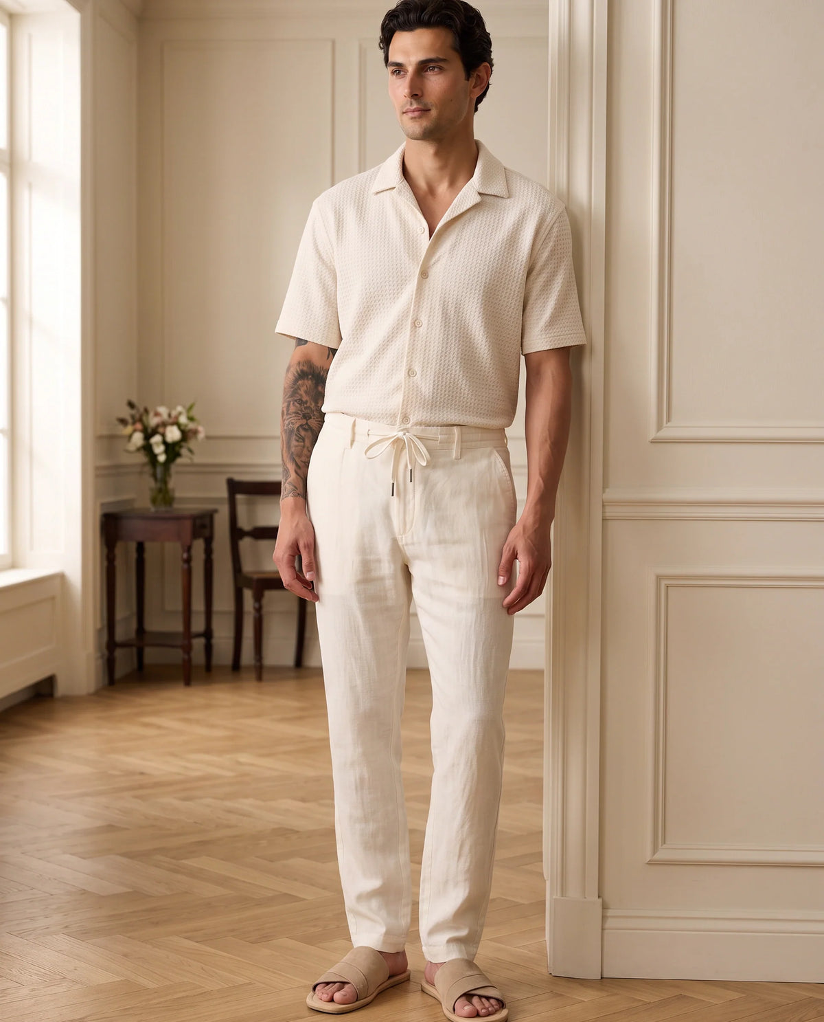 Rare Rabbit Men's Pastor-Aw25 Off White Cotton Plain Regular Fit Trouser