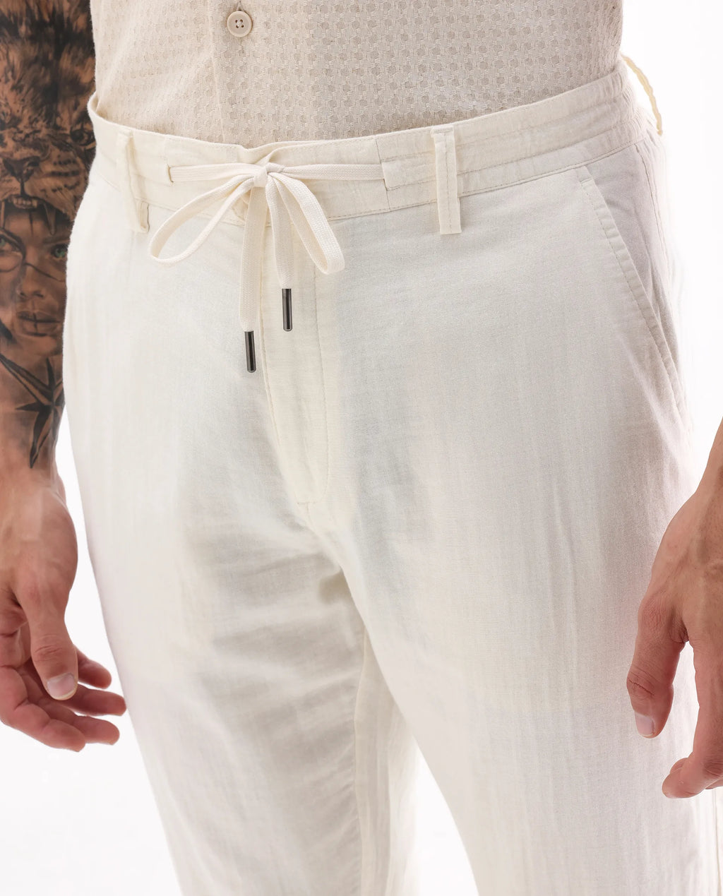 Rare Rabbit Men's Pastor-Aw25 Off White Cotton Plain Regular Fit Trouser