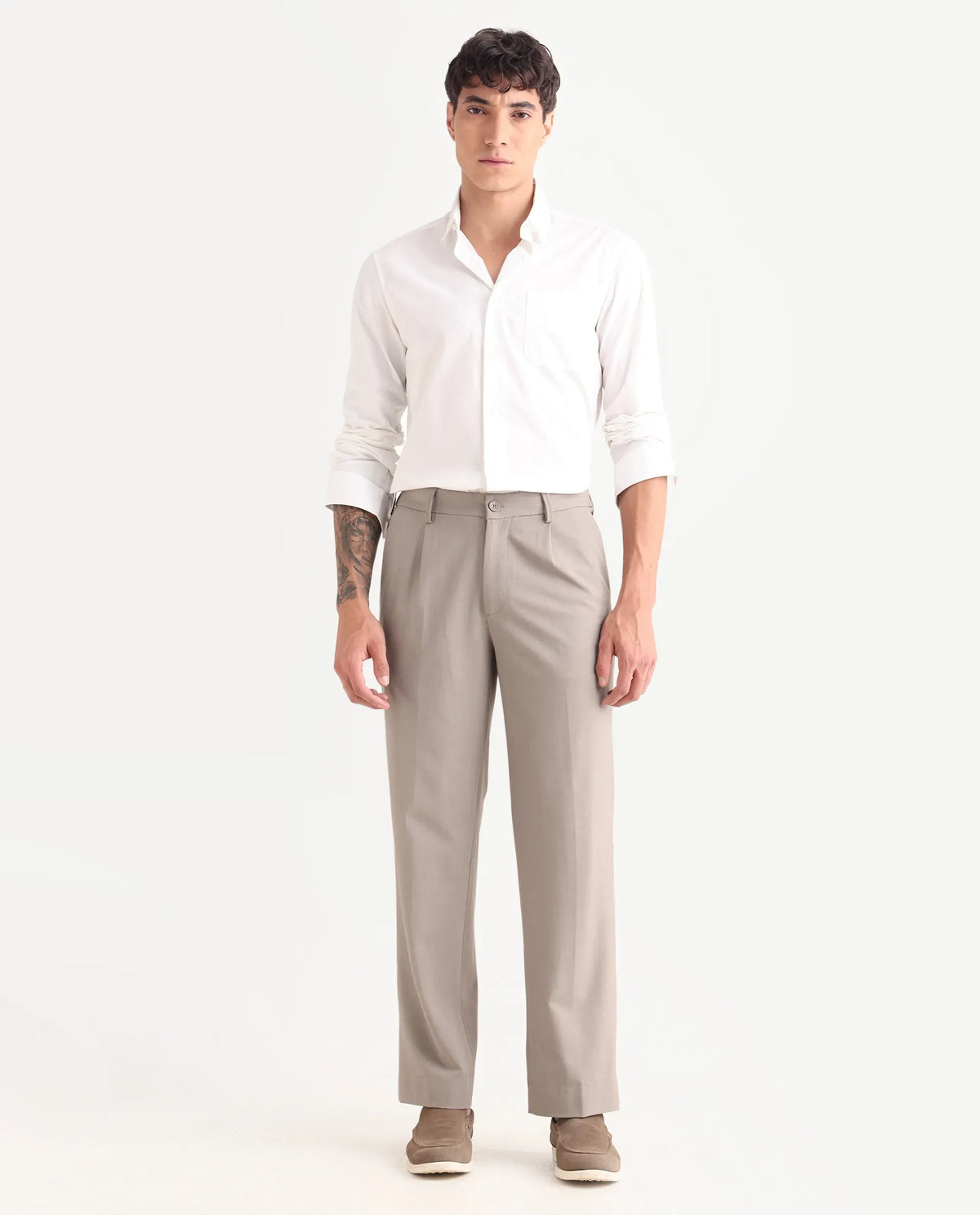 Rare Rabbit Men Pauls Dark Beige Polyester Blend Fabric Button Closure Plain Trouser