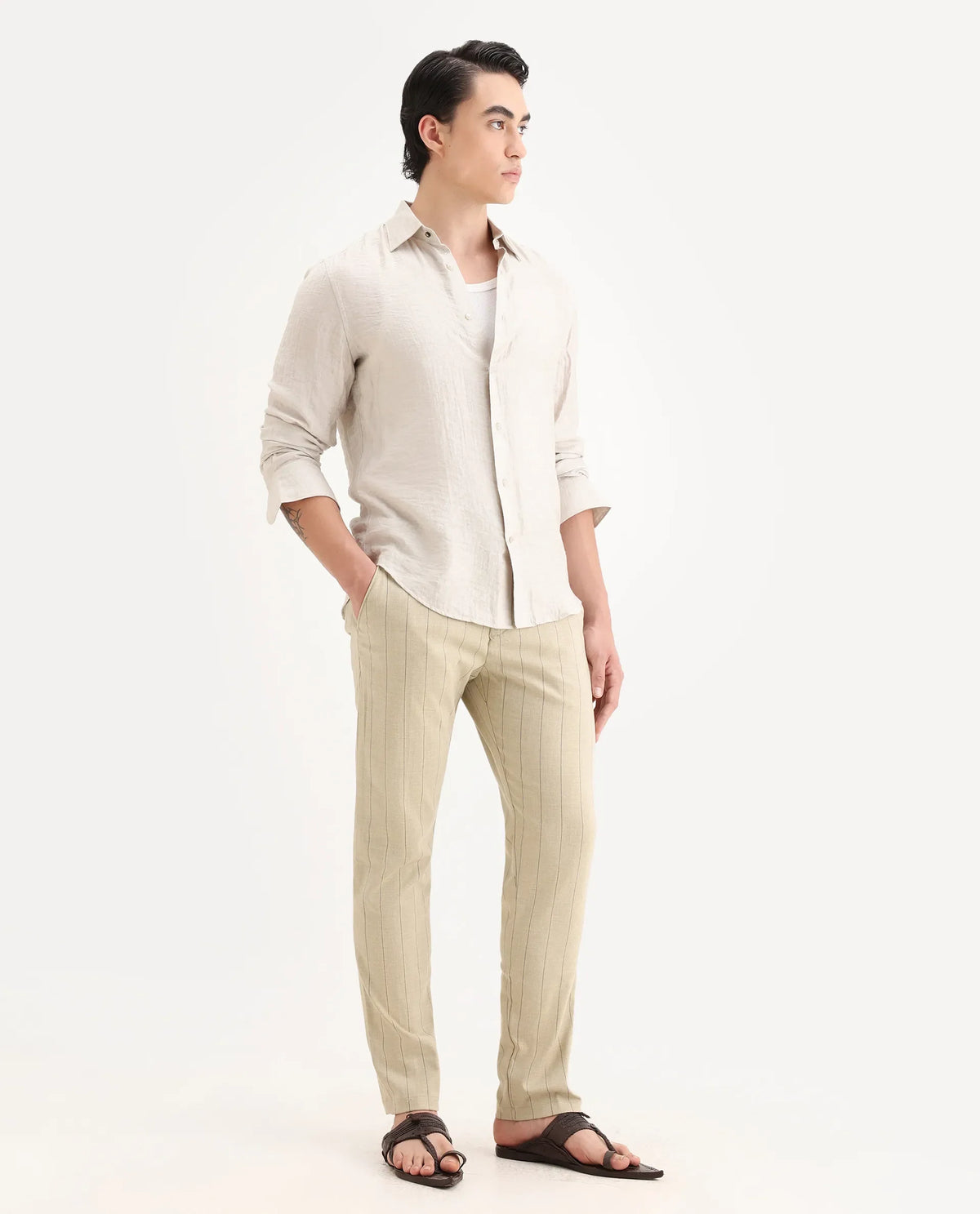 Rare Rabbit Men's Pixie Light Beige Polyester Striped Print Regular Fit Trouser