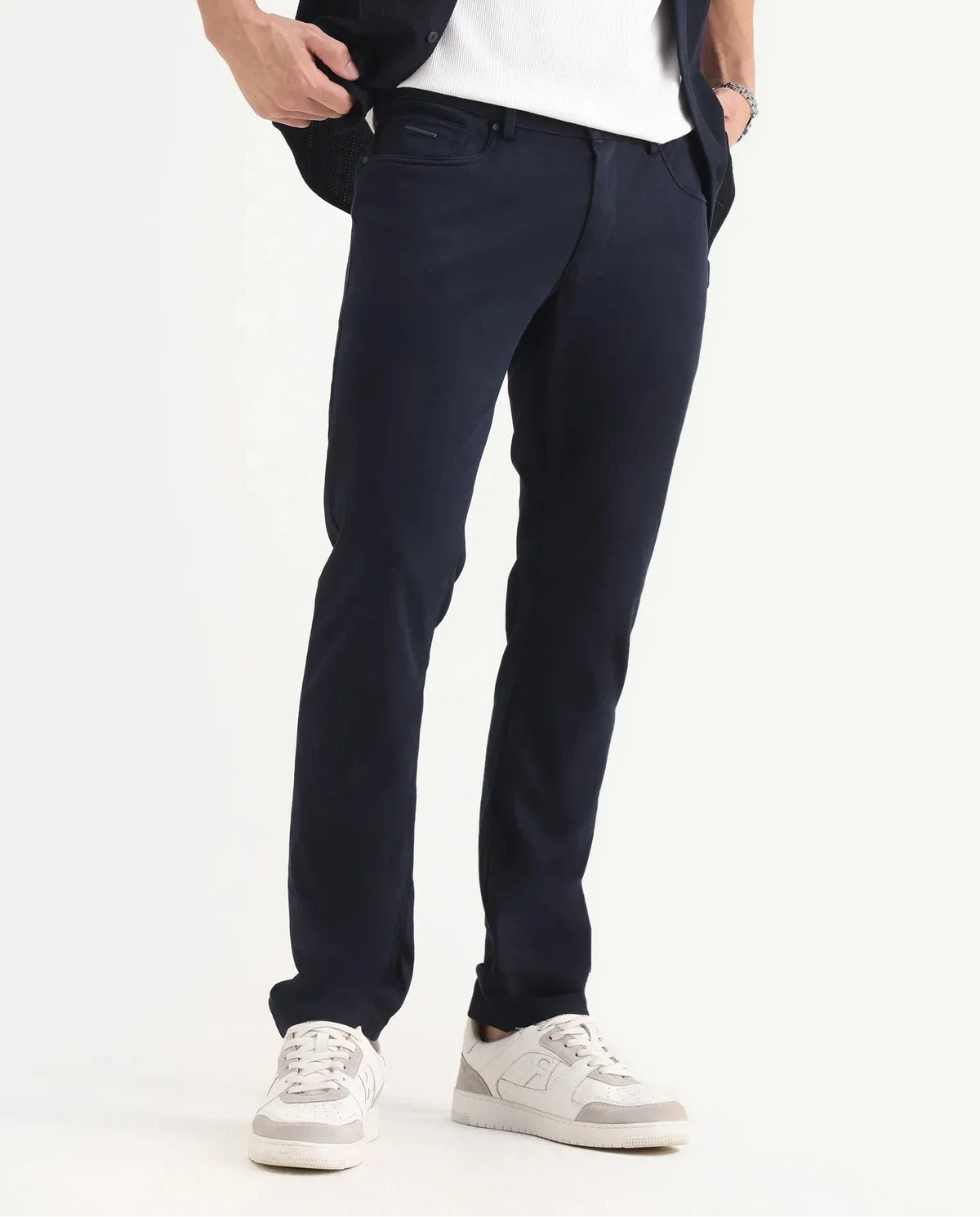 Rare Rabbit Men's Poke-2 Navy Cotton Plain Regular Fit Trouser