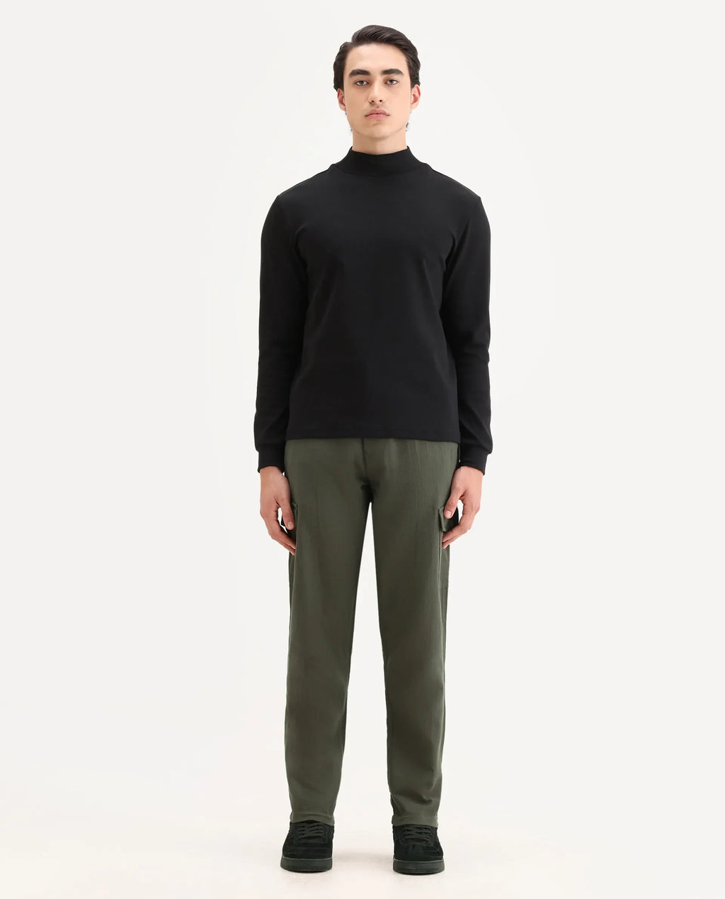 Rare Rabbit Men's Presso Dusky Green Cotton Plain Relaxed Fit Trouser