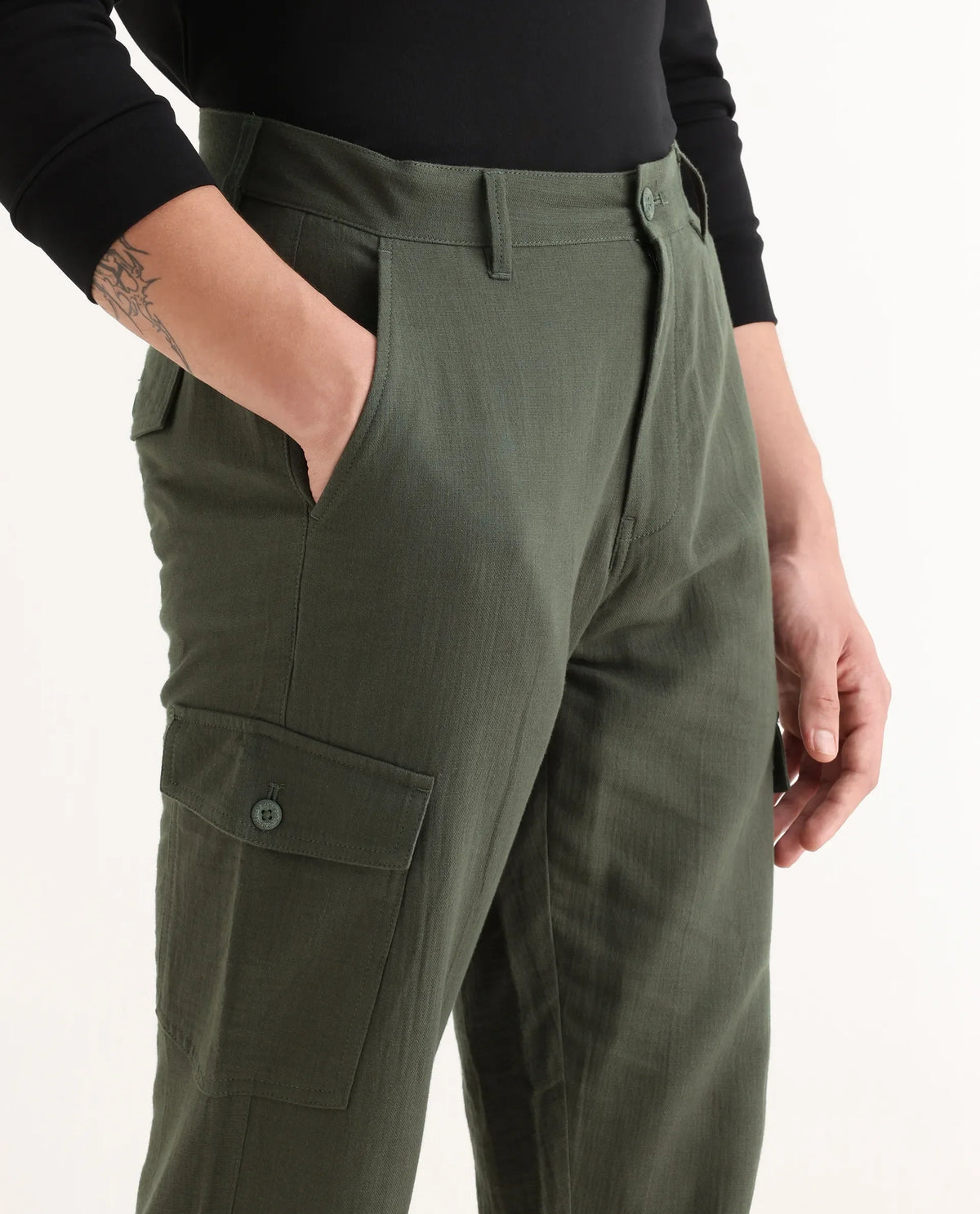 Rare Rabbit Men's Presso Dusky Green Cotton Plain Relaxed Fit Trouser