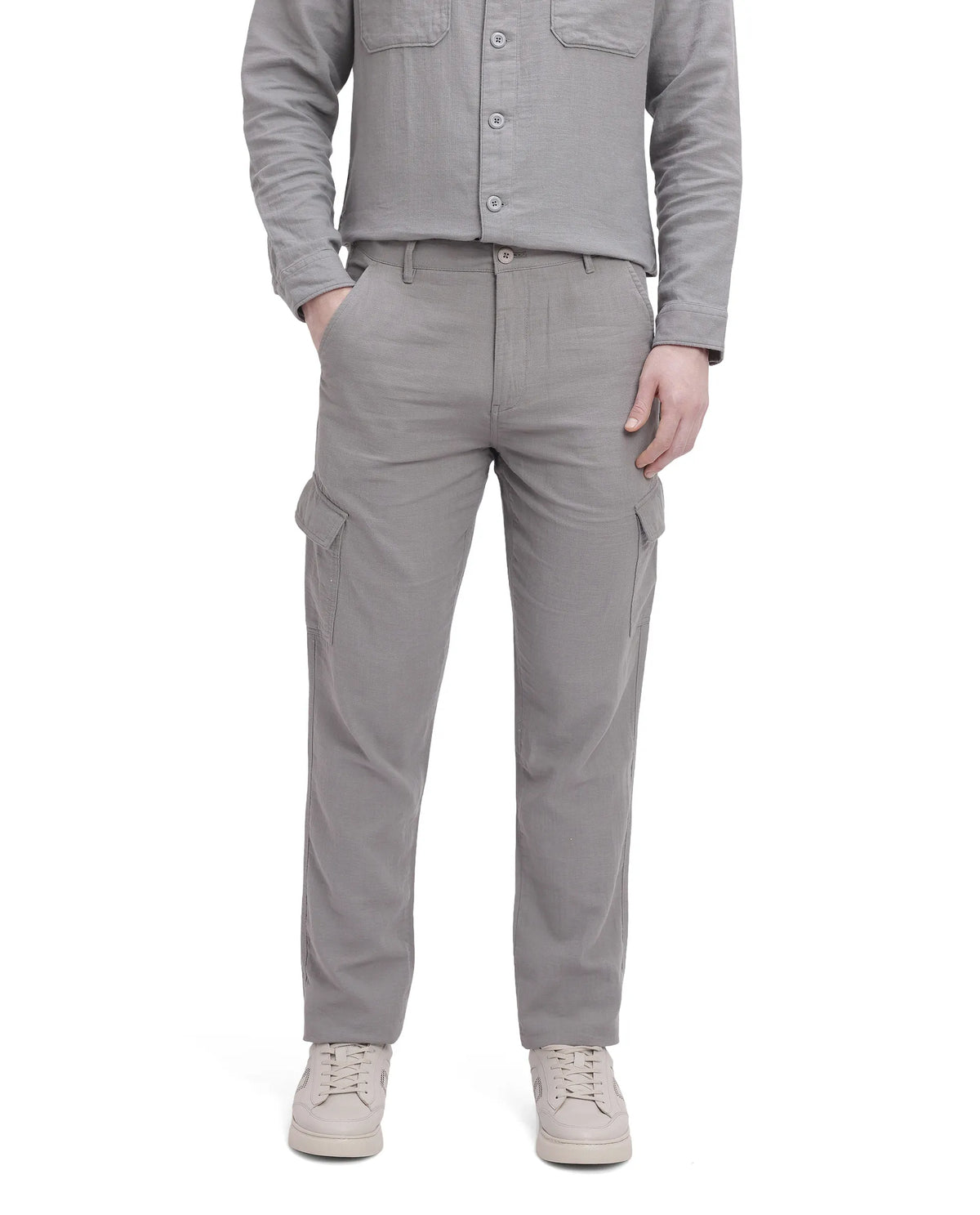 Rare Rabbit Men's Presso Light Grey Cotton Plain Relaxed Fit Trouser