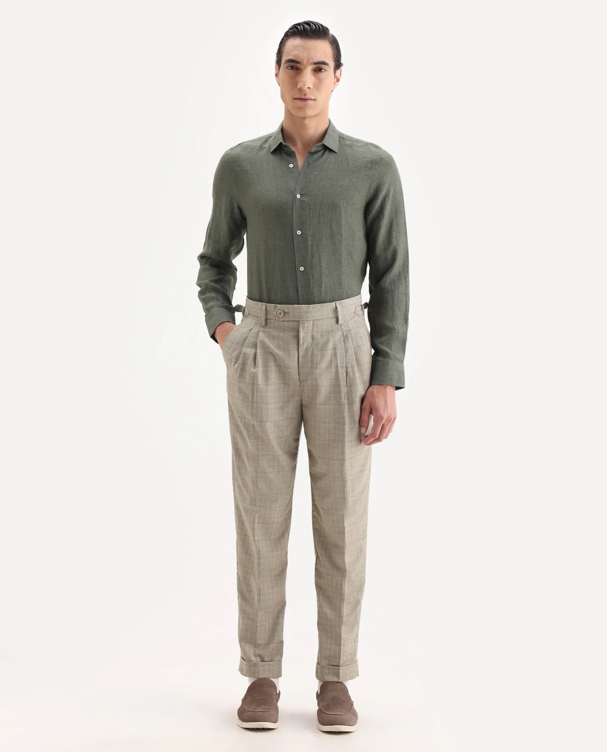Rare Rabbit Men's Renot Beige Linen Blend Checked Print Regular Fit Trouser
