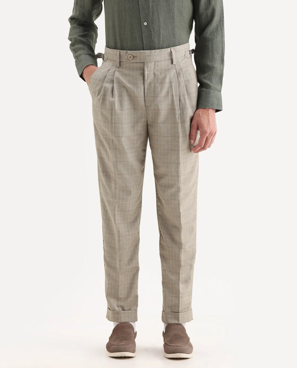 Rare Rabbit Men's Renot Beige Linen Blend Checked Print Regular Fit Trouser