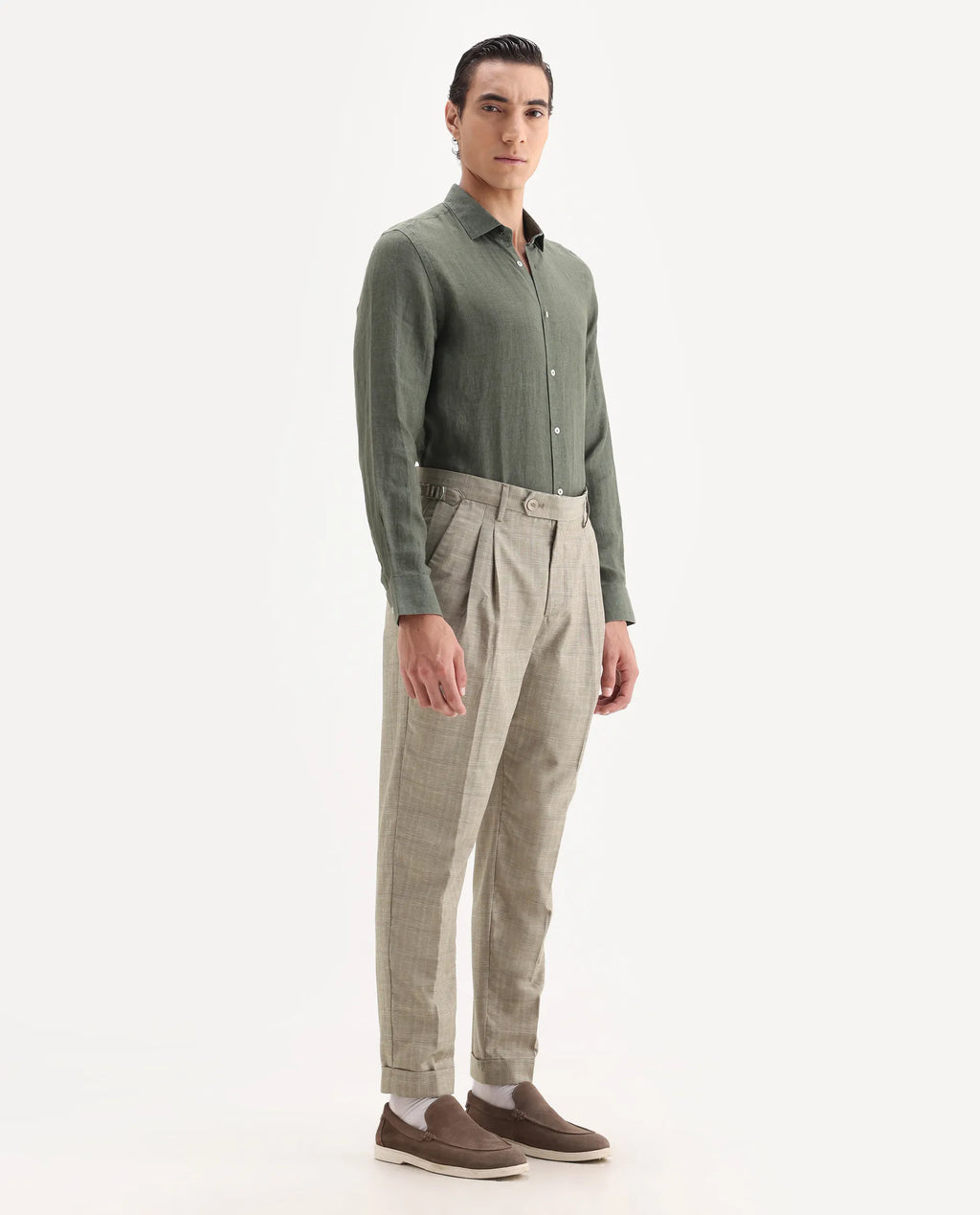 Rare Rabbit Men's Renot Beige Linen Blend Checked Print Regular Fit Trouser