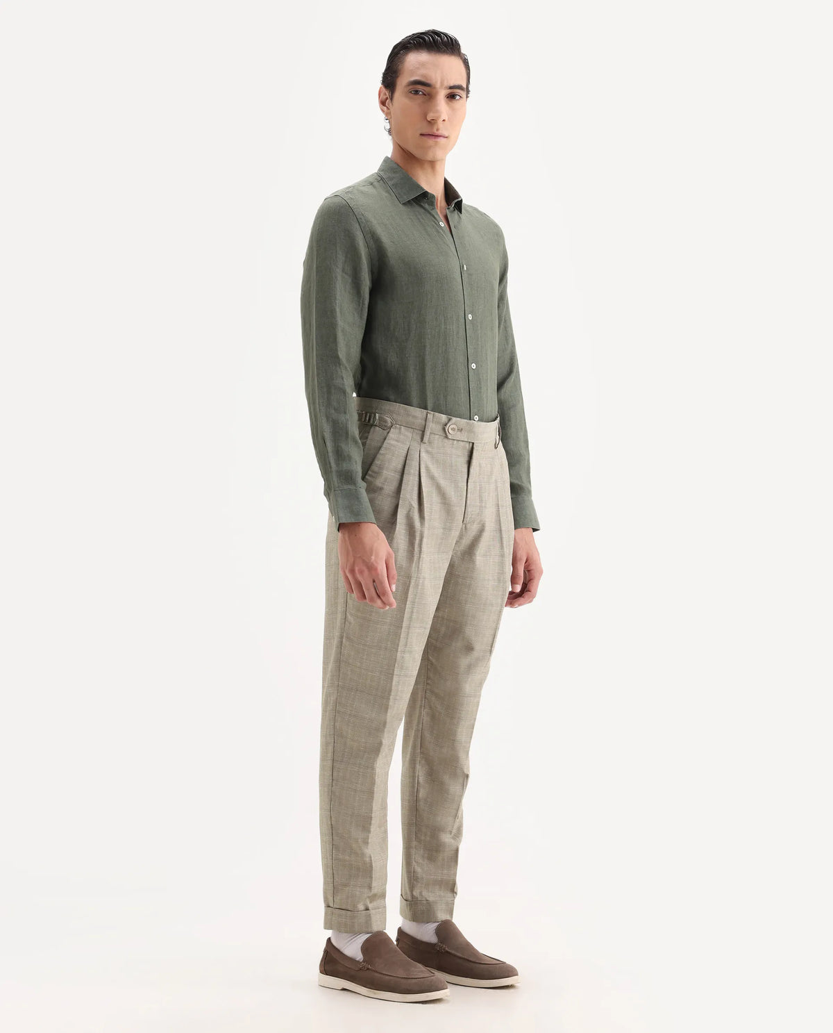 Rare Rabbit Men's Renot Beige Linen Blend Checked Print Regular Fit Trouser