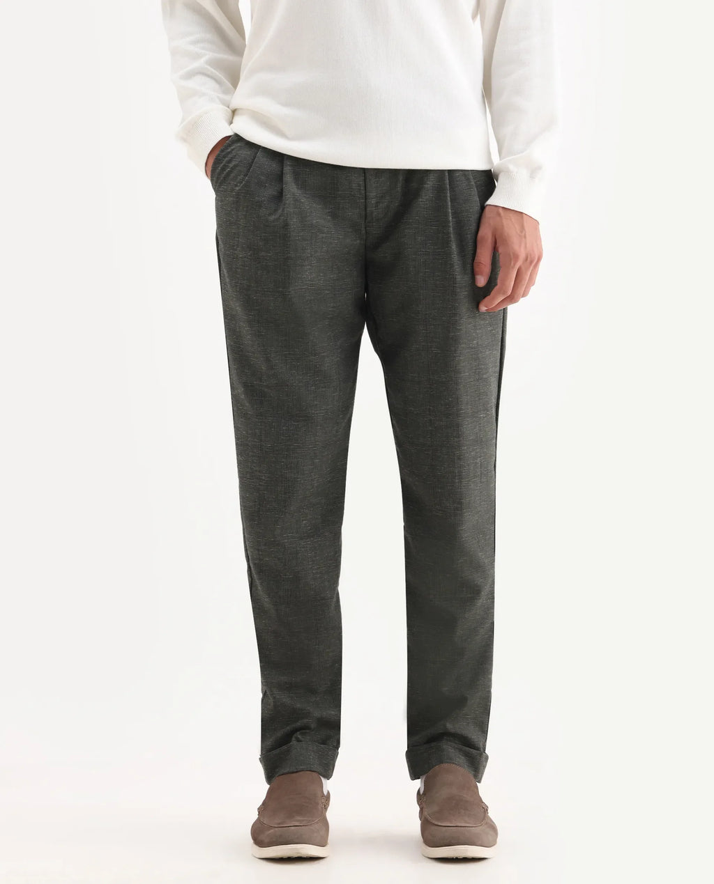 Rare Rabbit Men's Renot Dark Green Linen Blend Checked Print Regular Fit Trouser