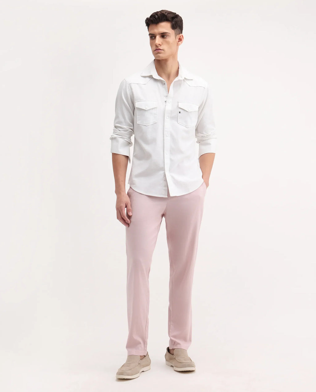 Rare Rabbit Men's Reric Pastel Pink Linen Blend Plain Regular Fit Trouser