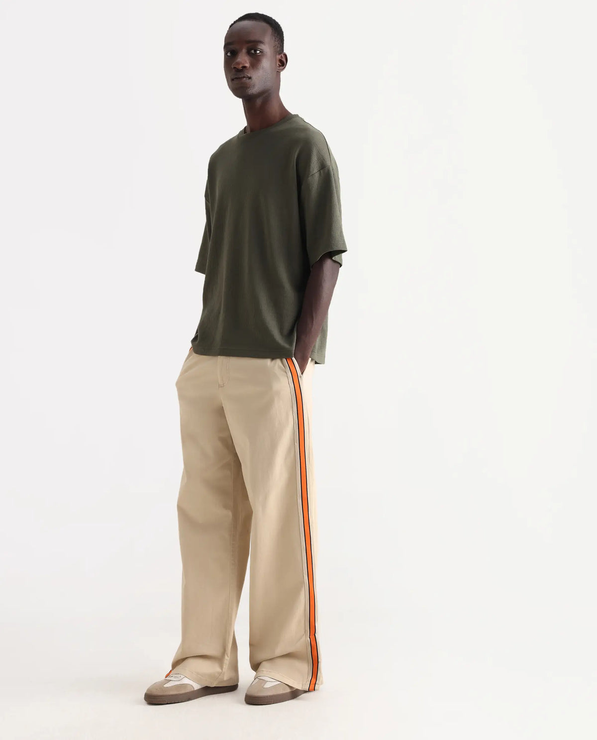 Rare Rabbit Men's Riol Beige Cotton Blend Plain Wide Leg Trouser