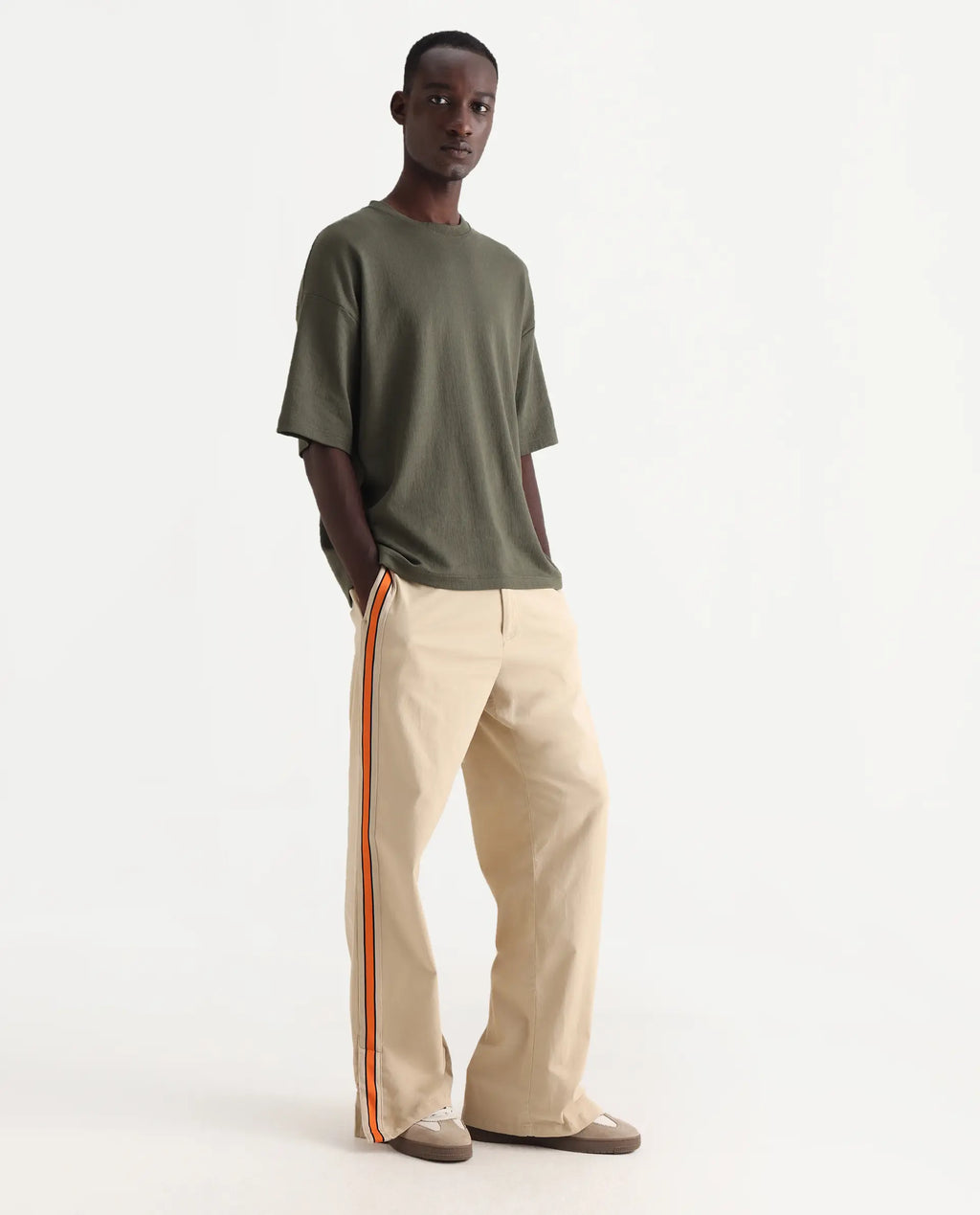 Rare Rabbit Men's Riol Beige Cotton Blend Plain Wide Leg Trouser