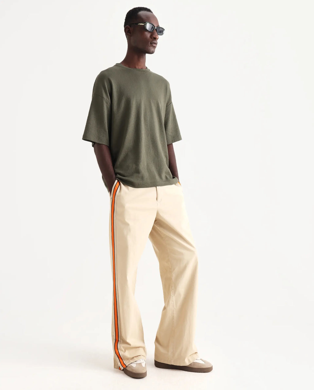 Rare Rabbit Men's Riol Beige Cotton Blend Plain Wide Leg Trouser