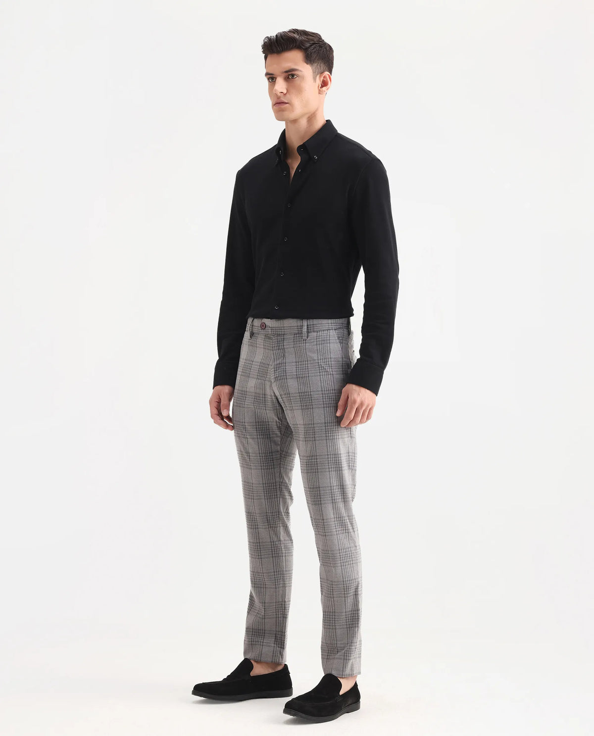 Rare Rabbit Men's Rowe Grey Polyester Checked Print Regular Fit Trouser