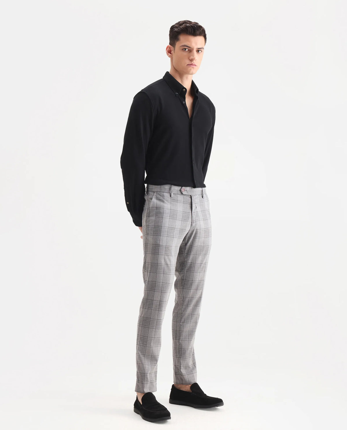 Rare Rabbit Men's Rowe Grey Polyester Checked Print Regular Fit Trouser