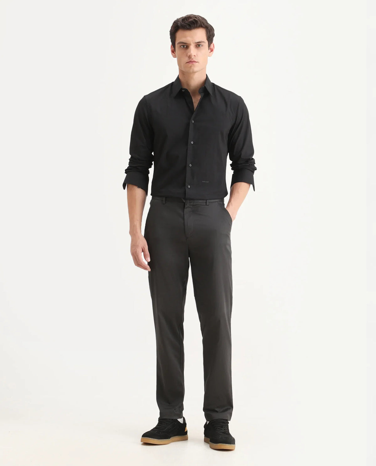 Rare Rabbit Men Hols Dark Grey Cotton Blend Fabric Button Closure Plain Trouser