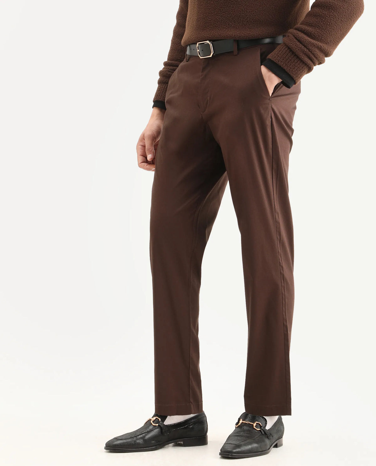 Rare Rabbit Men Bene Dark Brown Cotton Blend Fabric Button Closure Straight Fit Plain Trouser