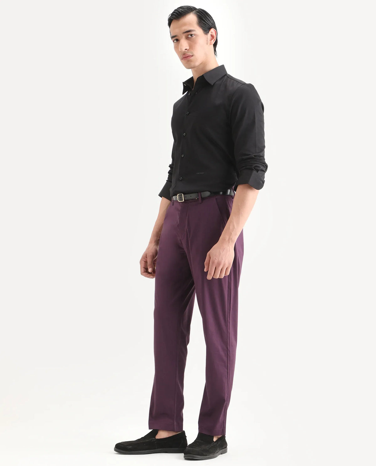 Rare Rabbit Men Bene Dark Purple Cotton Blend Fabric Button Closure Straight Fit Plain Trouser