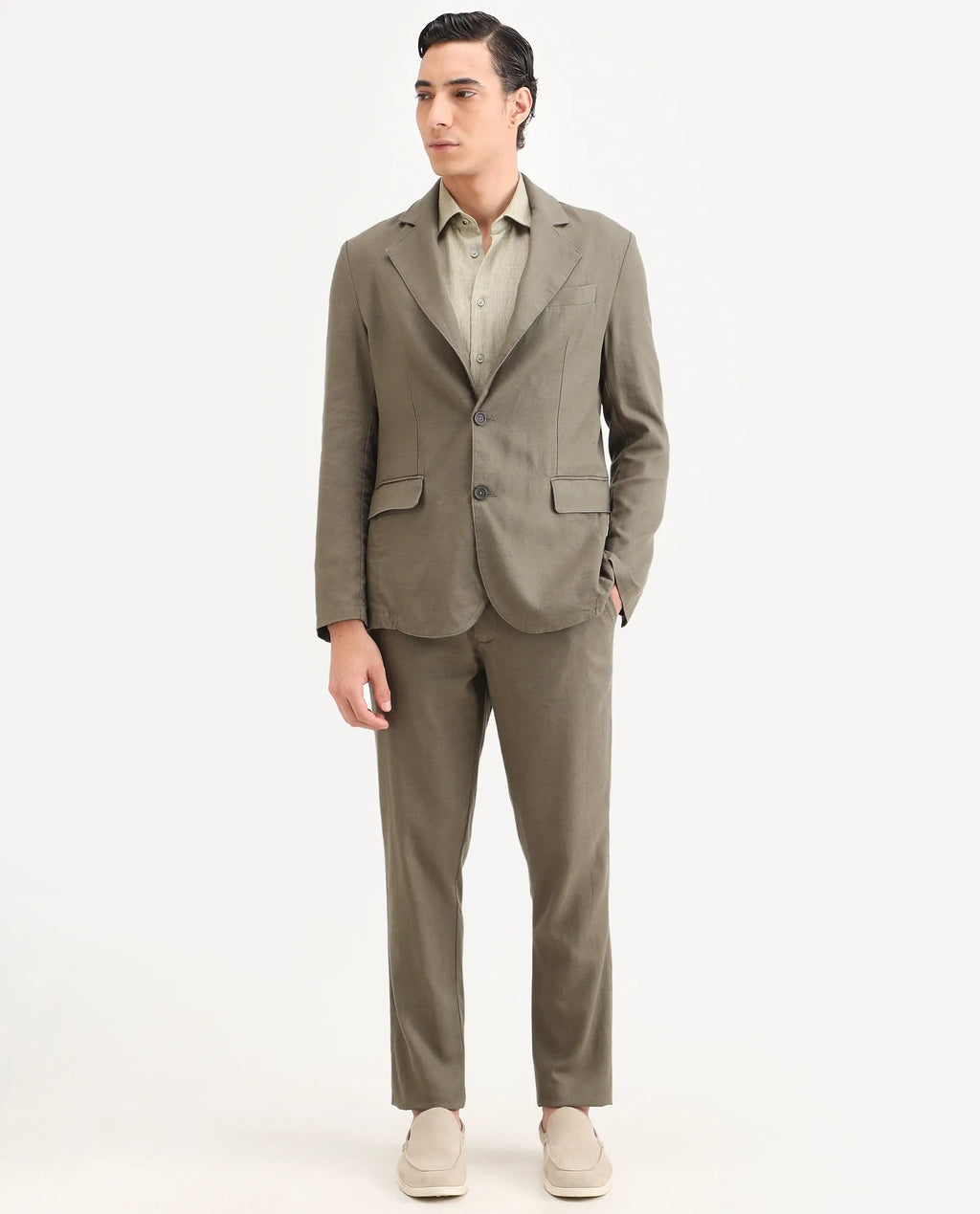 Rare Rabbit Men's Linol-T Dusky Olive Linen Blend Fabric Regular Fit Drawstring Plain Trouser
