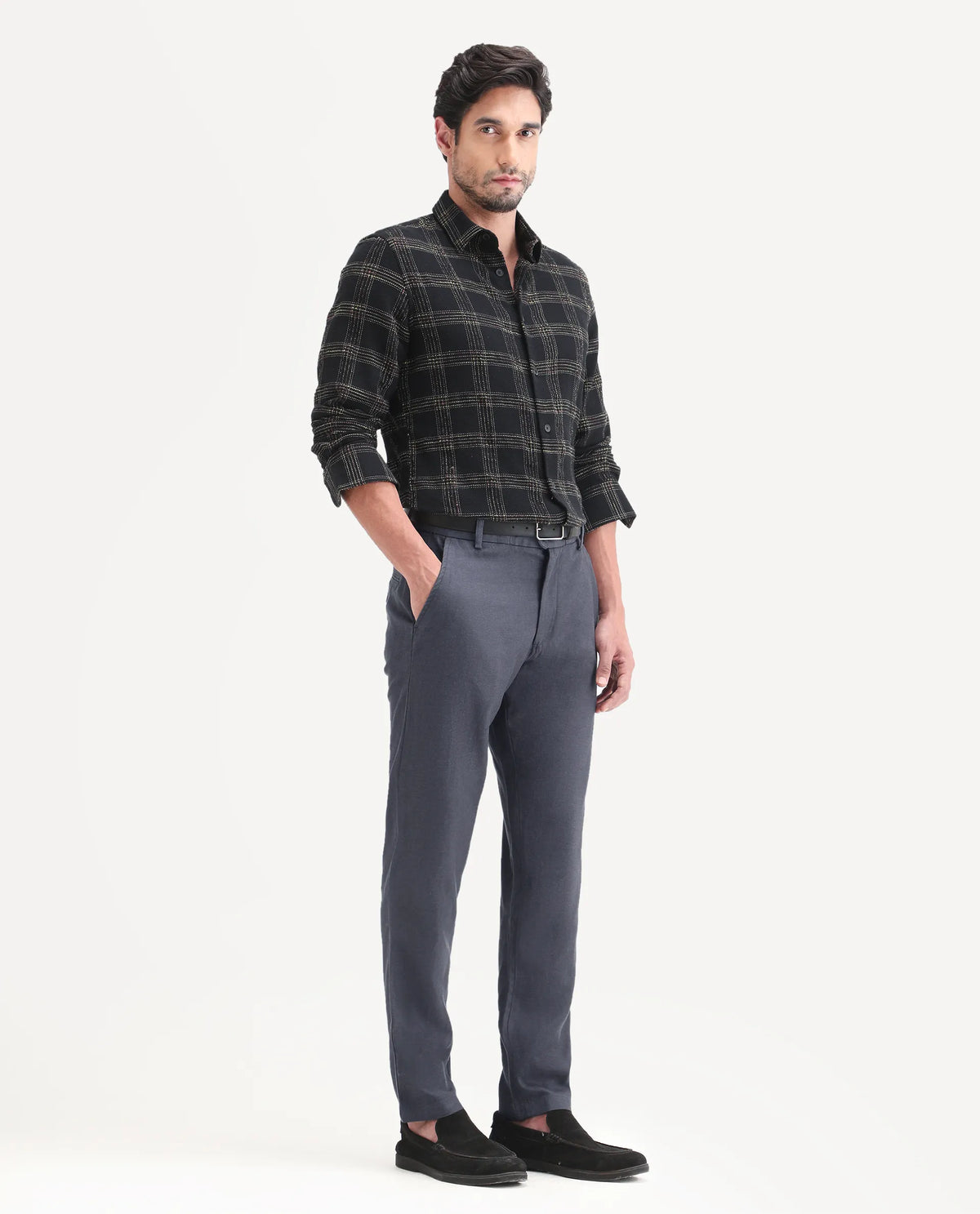Rare Rabbit Men's Linol-T Dark Grey Linen Blend Fabric Regular Fit Drawstring Plain Trouser