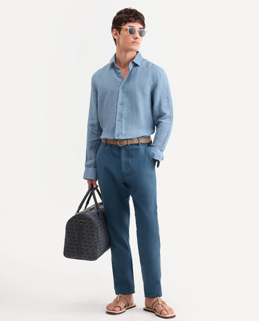 Rare Rabbit Men's Linol-T Dusky Petrol Linen Blend Fabric Regular Fit Drawstring Plain Trouser