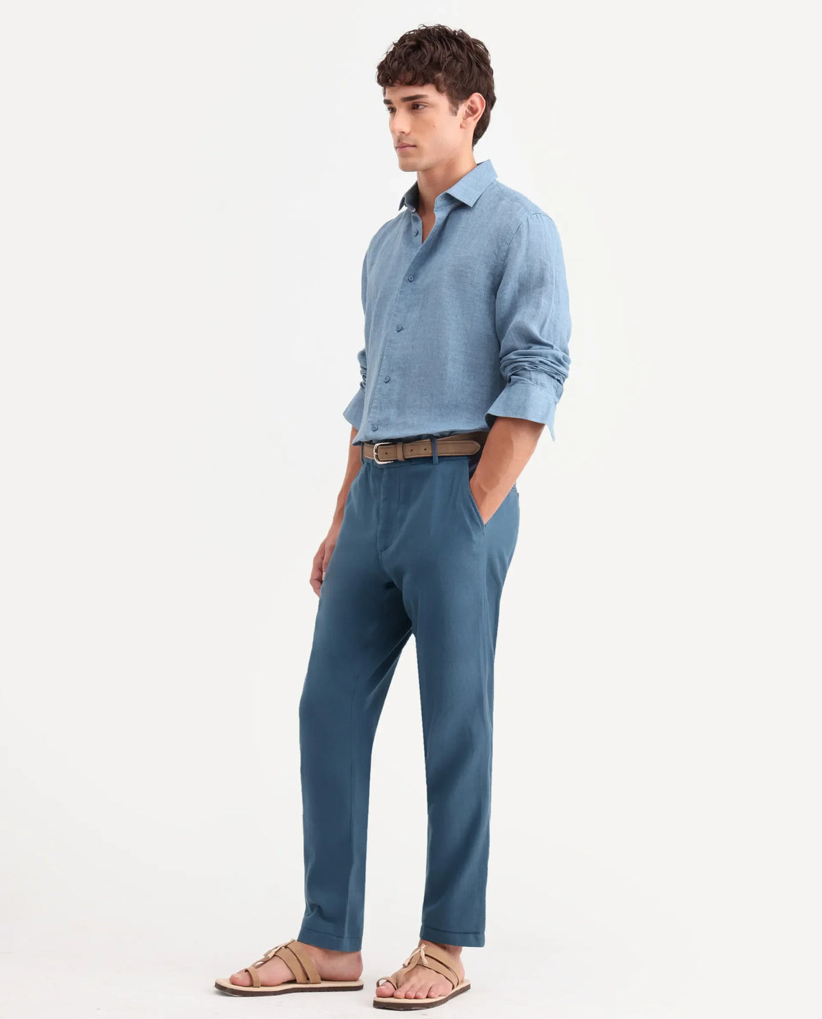 Rare Rabbit Men's Linol-T Dusky Petrol Linen Blend Fabric Regular Fit Drawstring Plain Trouser