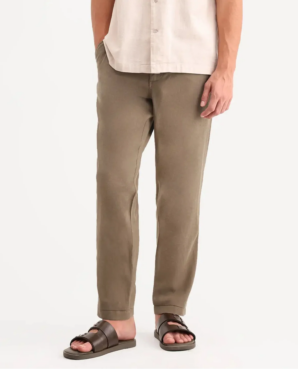 Rare Rabbit Men's Linol-T Khaki Linen Blend Fabric Regular Fit Drawstring Plain Trouser