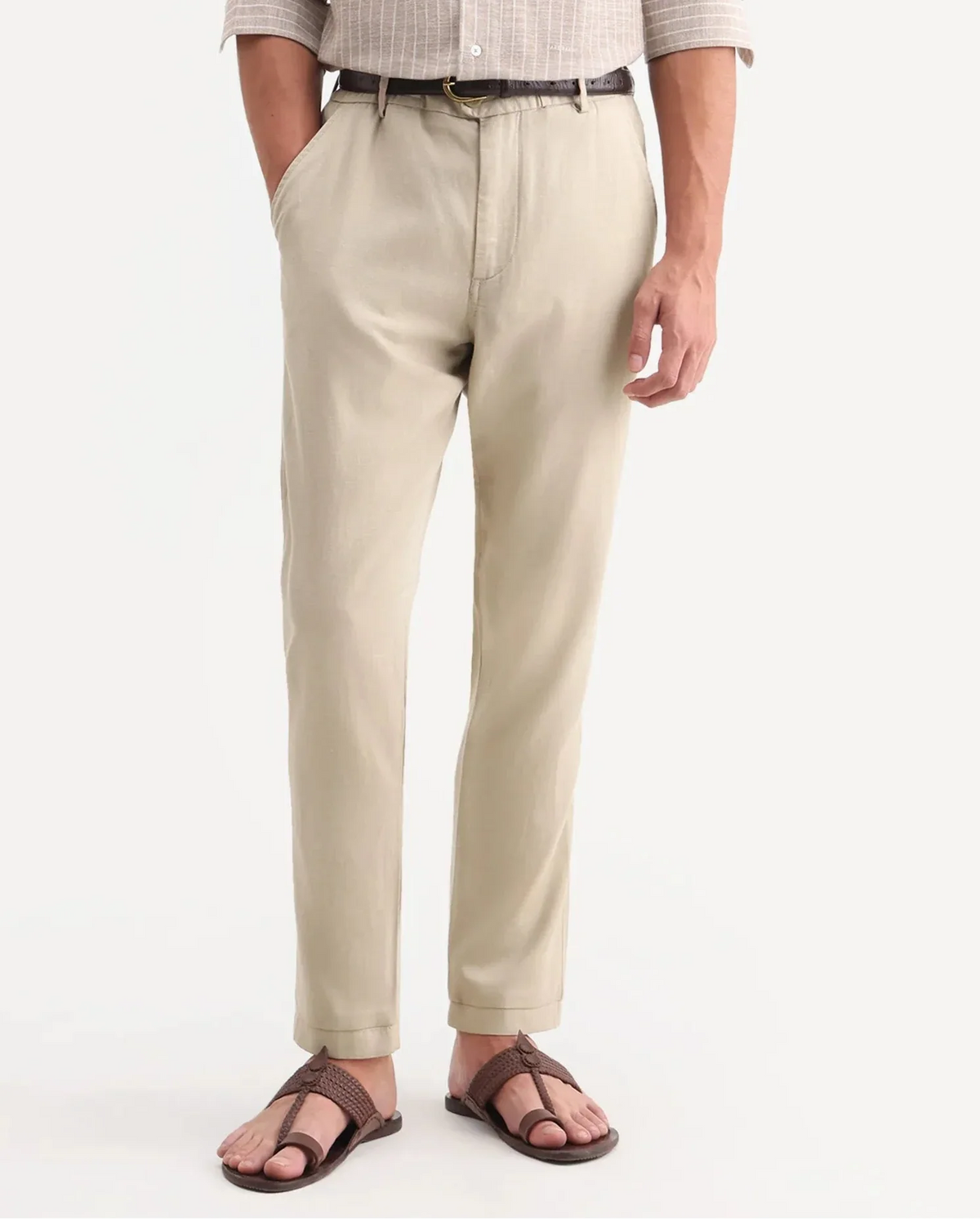 Rare Rabbit Men's Linol-T Beige Linen Blend Fabric Regular Fit Drawstring Plain Trouser