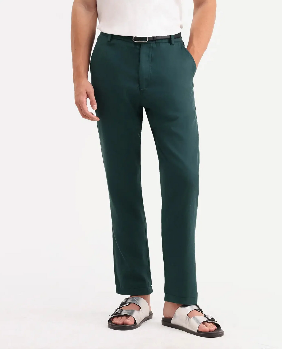 Rare Rabbit Men's Linol-T Dark Green Linen Blend Fabric Regular Fit Drawstring Plain Trouser