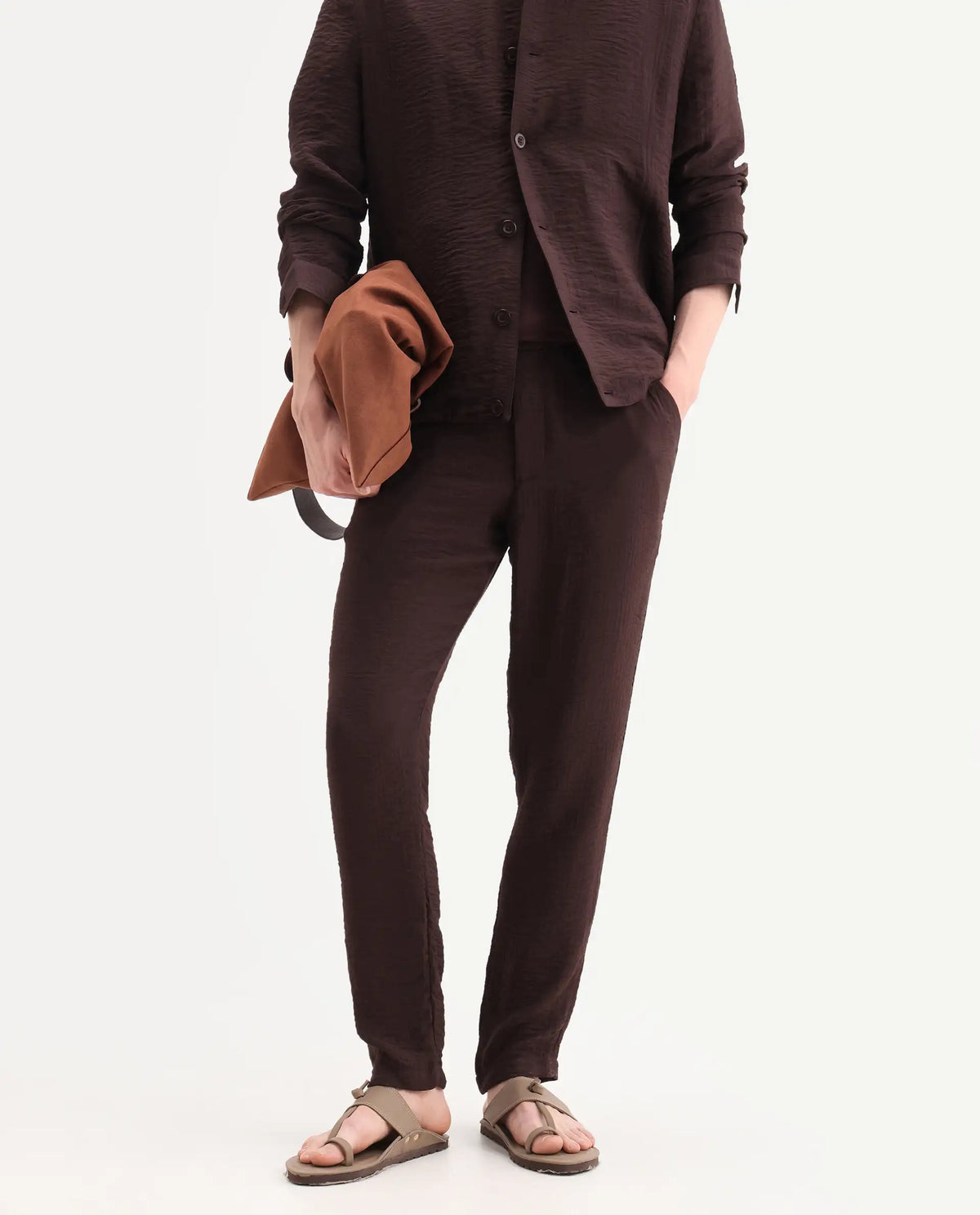 Rare Rabbit Men's Veon-T Dark Brown Viscose Blend Fabric Regular Fit Plain Trouser
