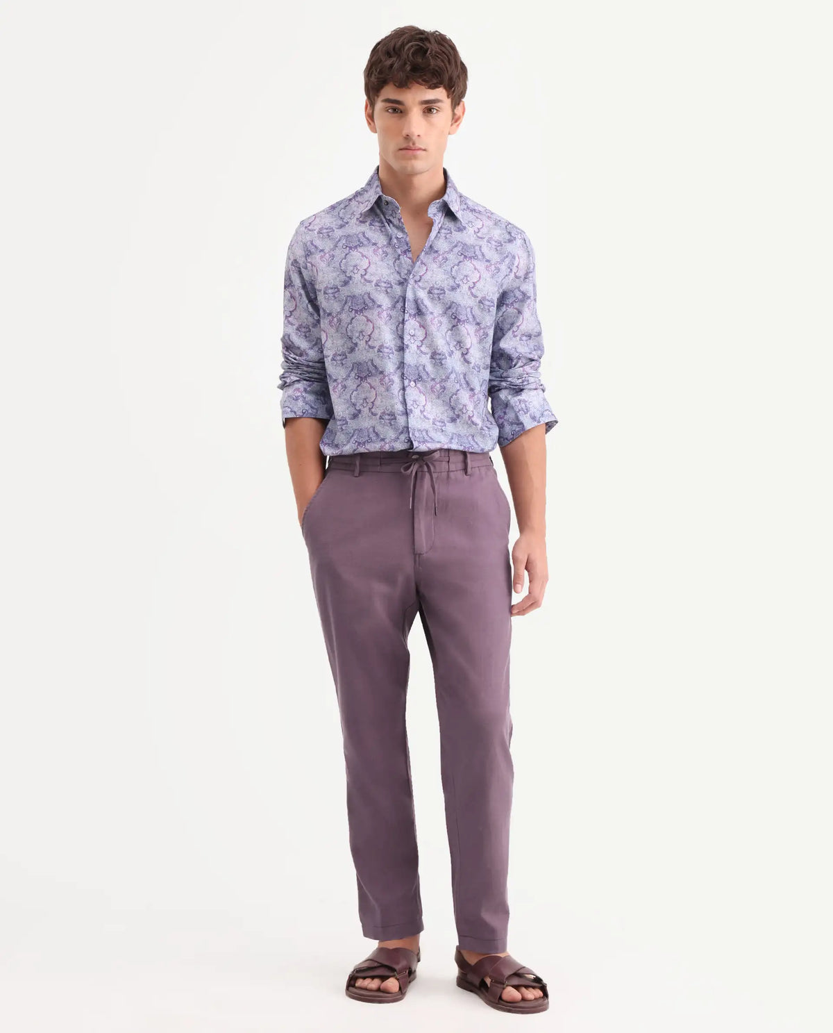 Rare Rabbit Men's Linol-T Purple Linen Blend Fabric Regular Fit Drawstring Plain Trouser