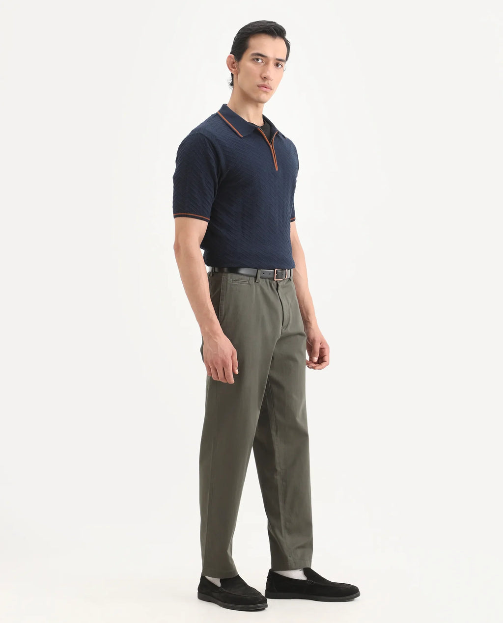 Rare Rabbit Men's Parga Olive Cotton Blend Fabric Regular Fit Plain Trouser