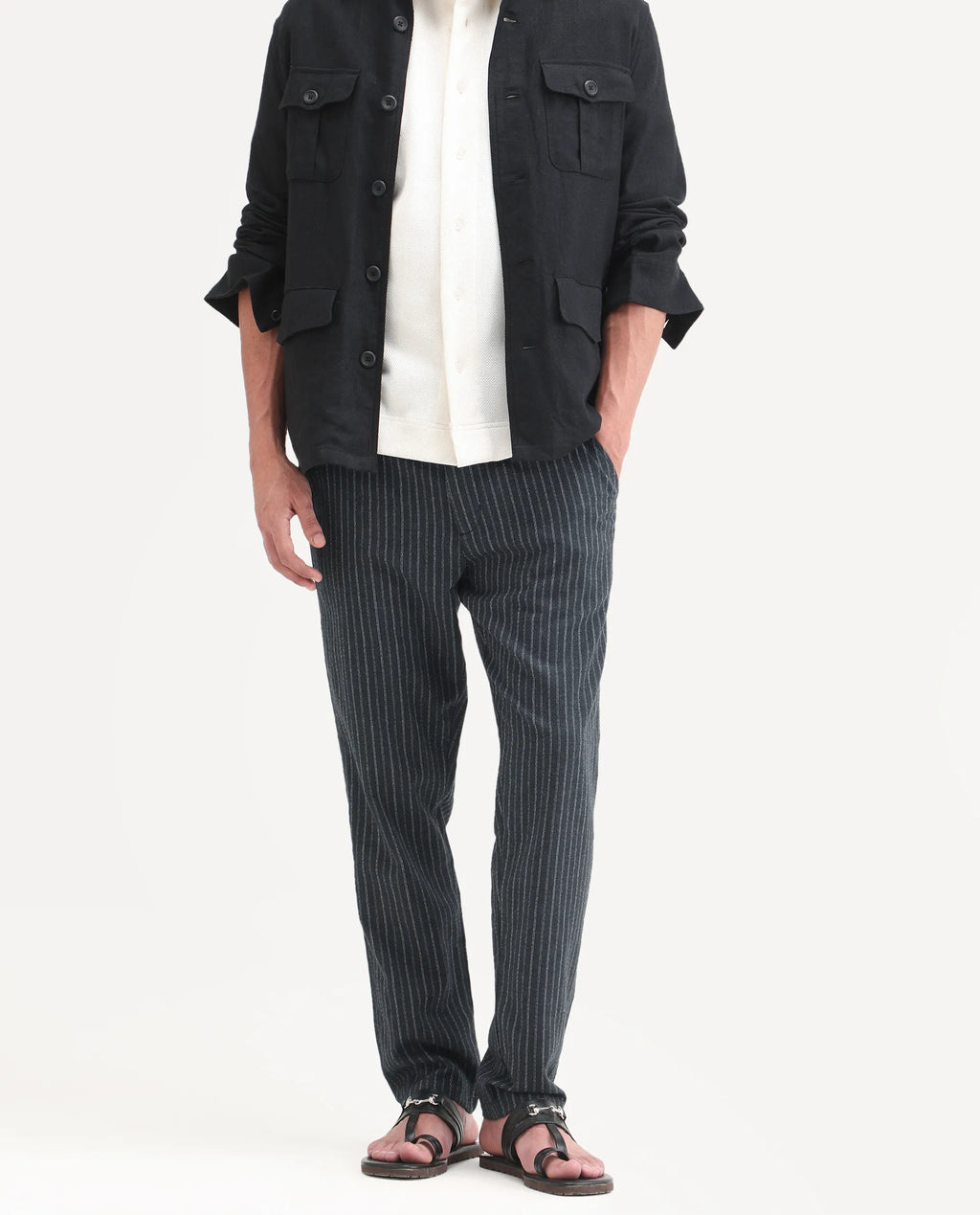 Rare Rabbit Men's Elkie-B Dark Grey Cotton Blend Fabric Straight Fit Striped Trouser