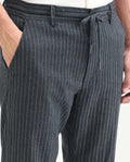 Rare Rabbit Men's Elkie-B Dark Grey Cotton Blend Fabric Straight Fit Striped Trouser