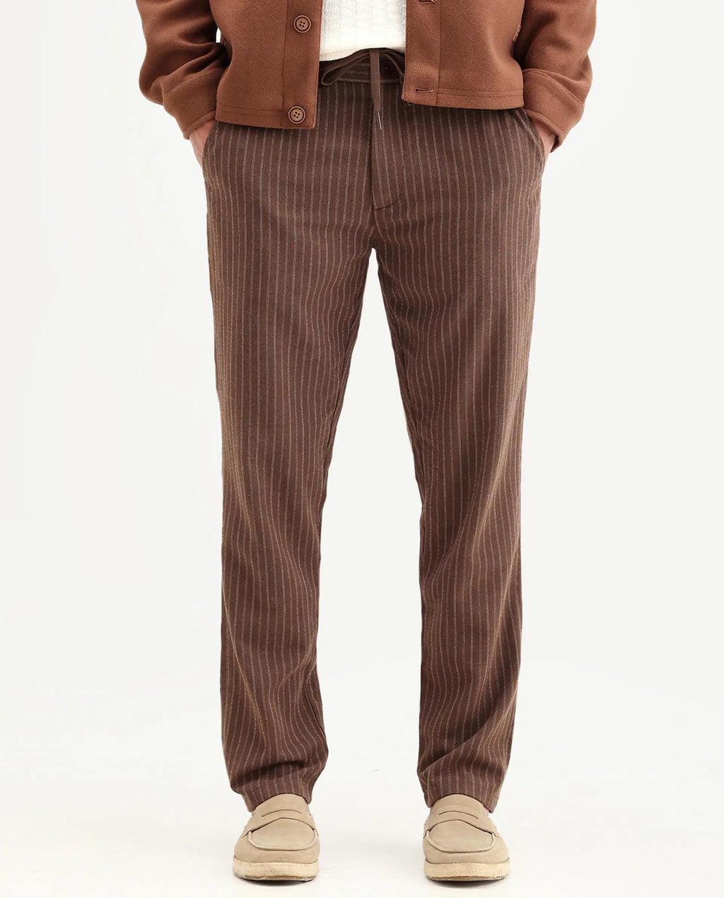 Rare Rabbit Men's Elkie-B Brown Cotton Blend Fabric Straight Fit Striped Trouser