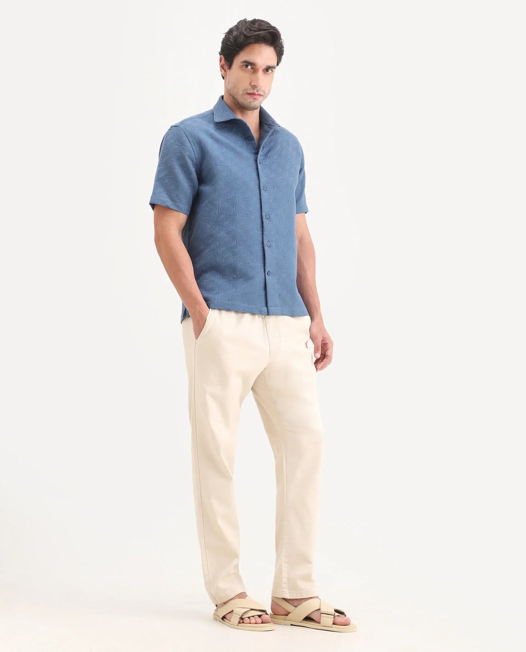 Rare Rabbit Men's Pluk Beige Cotton Blend Fabric Regular Fit Plain Trouser