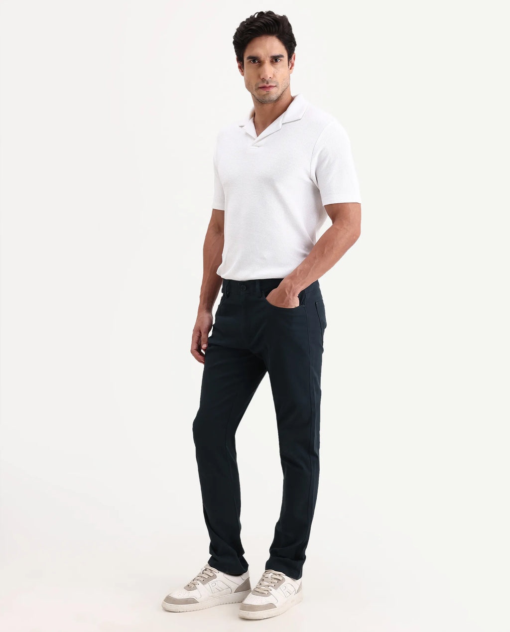 Rare Rabbit Men's Spoke-Ss26 Navy Cotton Blend Fabric Regular Fit Plain Trouser