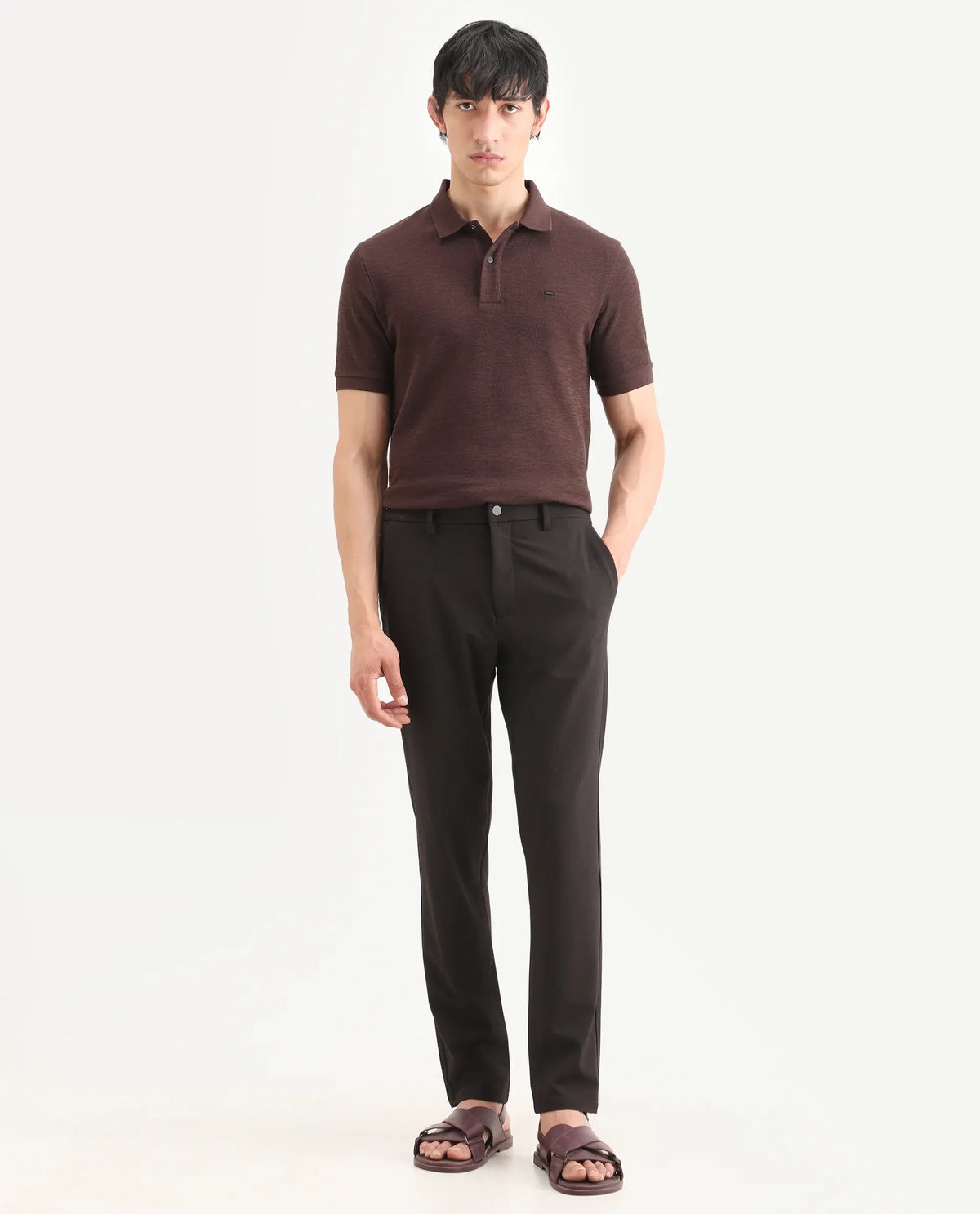 Rare Rabbit Men's Travel-Ss26 Dark Brown Polyester Fabric Button And Zip Closure Closure Plain Trouser