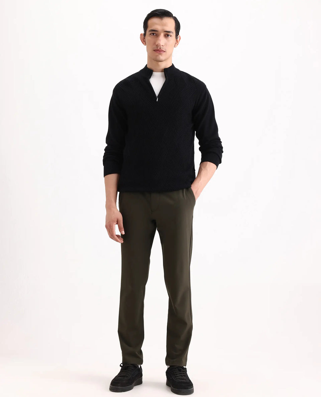 Rare Rabbit Men's Travel-Ss26 Dark Olive Polyester Fabric Button And Zip Closure Closure Plain Trouser