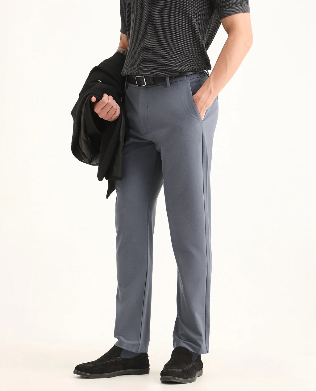 Rare Rabbit Men's Travel-Ss26 Dusky Blue Polyester Fabric Button And Zip Closure Closure Plain Trouser