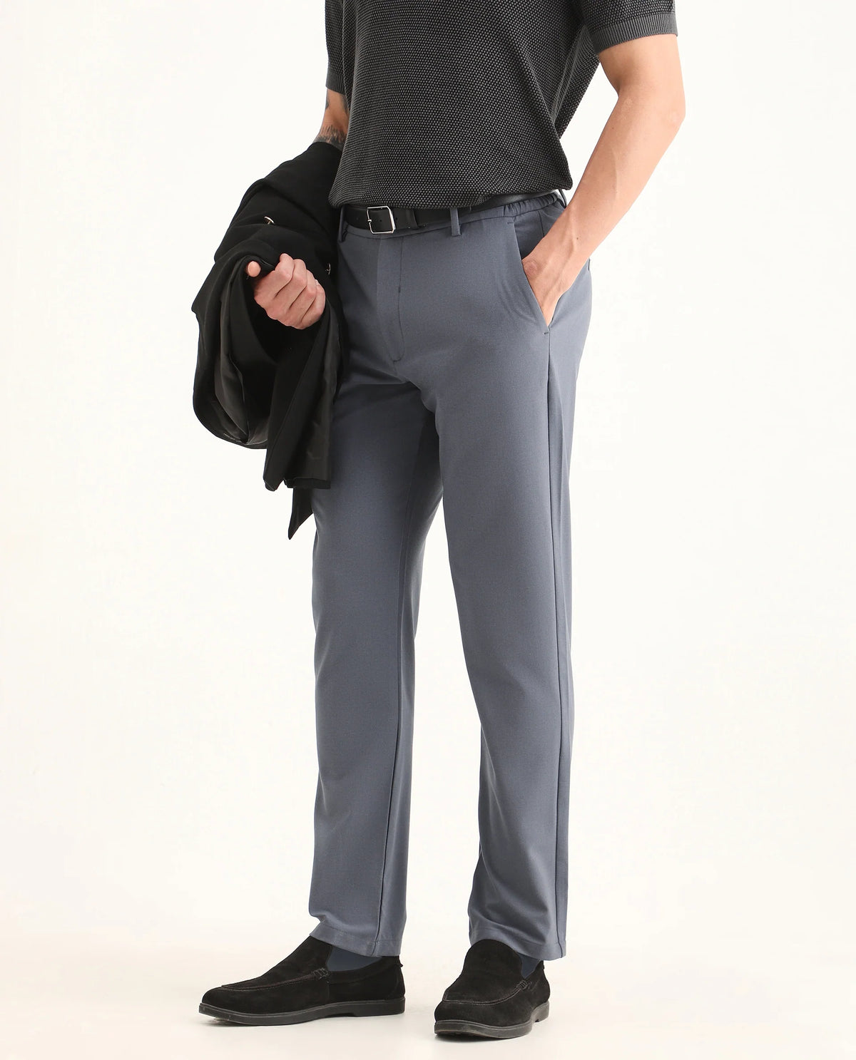 Rare Rabbit Men's Travel-Ss26 Dusky Blue Polyester Fabric Button And Zip Closure Closure Plain Trouser