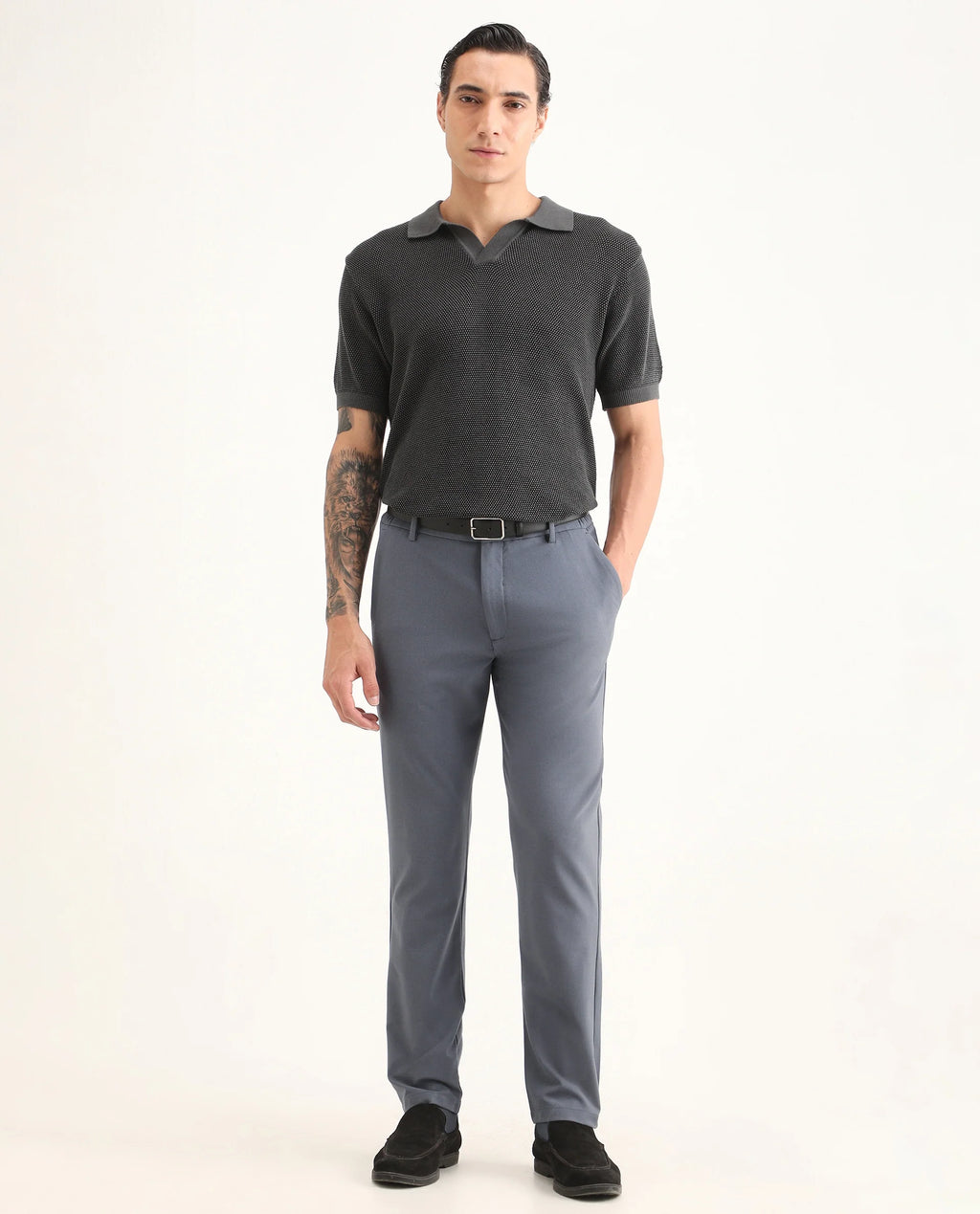 Rare Rabbit Men's Travel-Ss26 Dusky Blue Polyester Fabric Button And Zip Closure Closure Plain Trouser