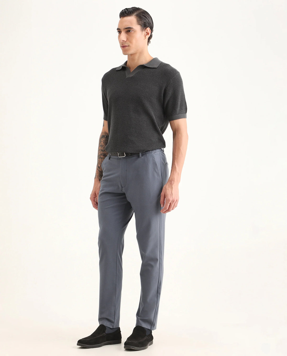 Rare Rabbit Men's Travel-Ss26 Dusky Blue Polyester Fabric Button And Zip Closure Closure Plain Trouser