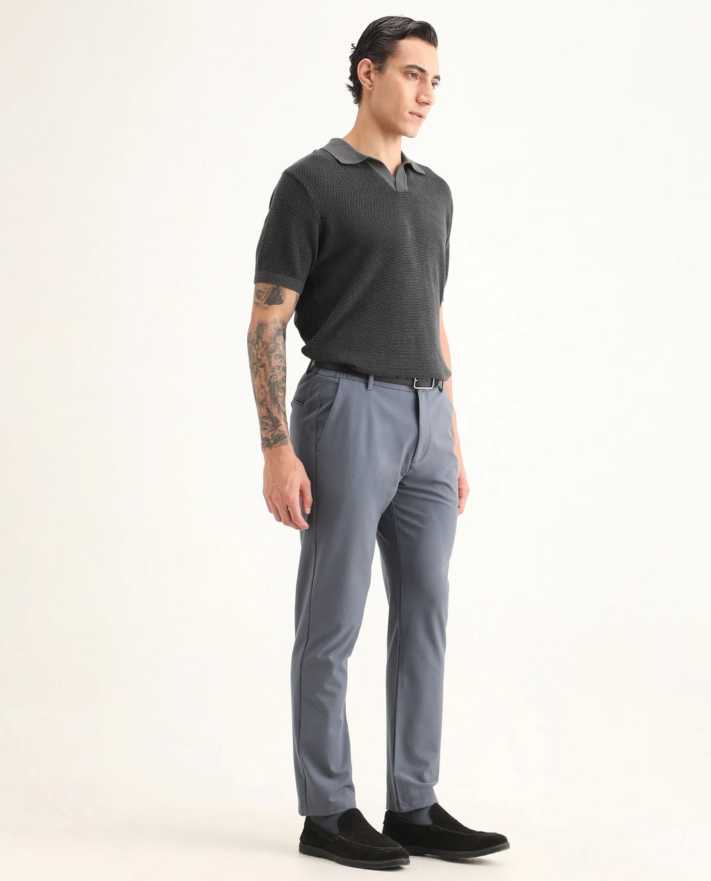 Rare Rabbit Men's Travel-Ss26 Dusky Blue Polyester Fabric Button And Zip Closure Closure Plain Trouser