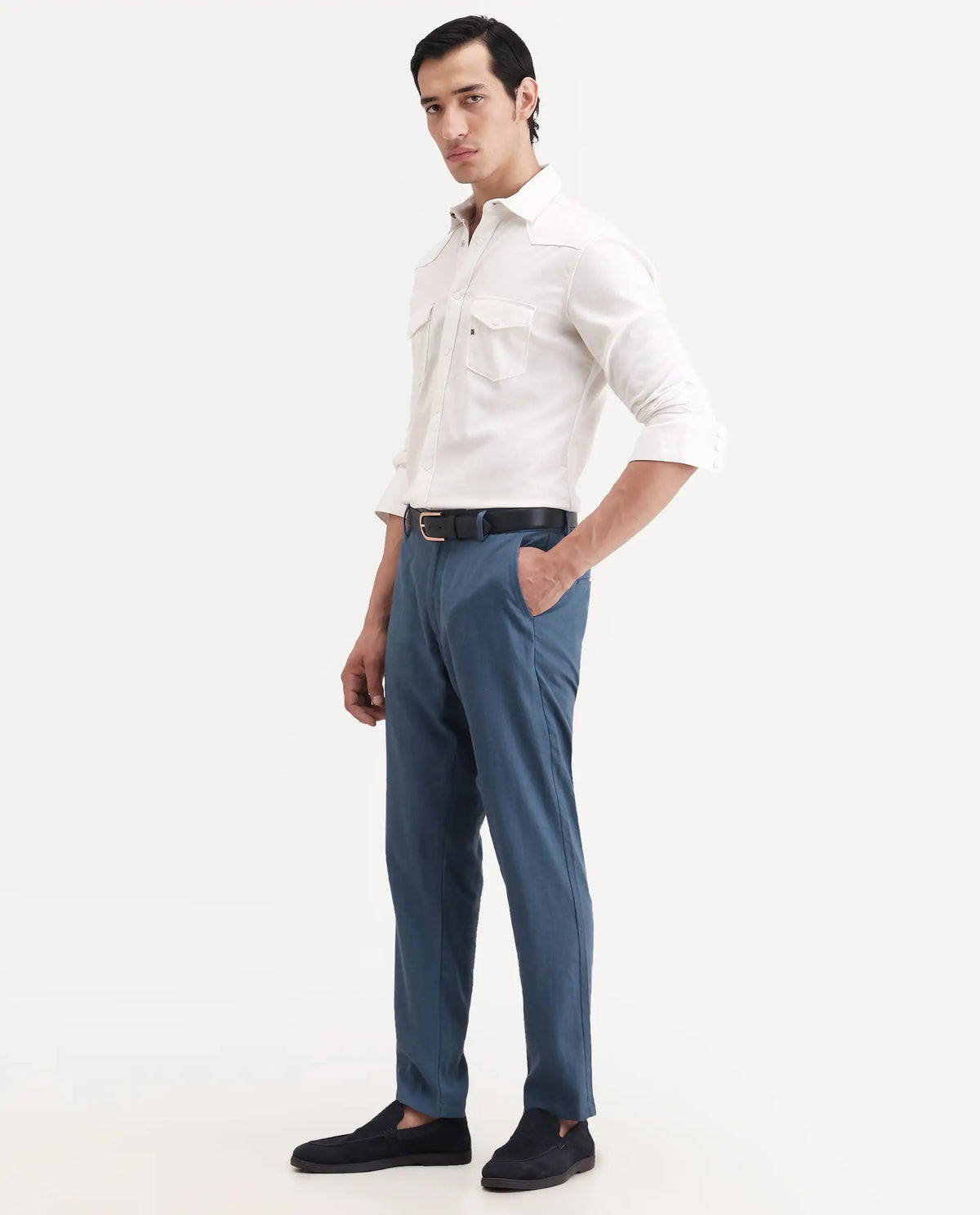 Rare Rabbit Men's Jomo-Ss26 Blue Linen Blend Fabric Regular Fit Plain Trouser