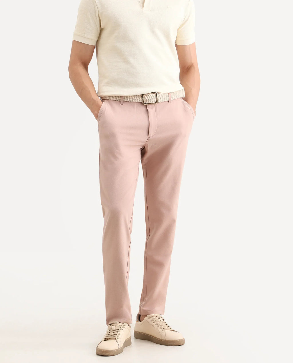 Rare Rabbit Men's Driver-Ss26 Dusky Peach Polyester Blend Fabric Regular Fit Plain Trouser