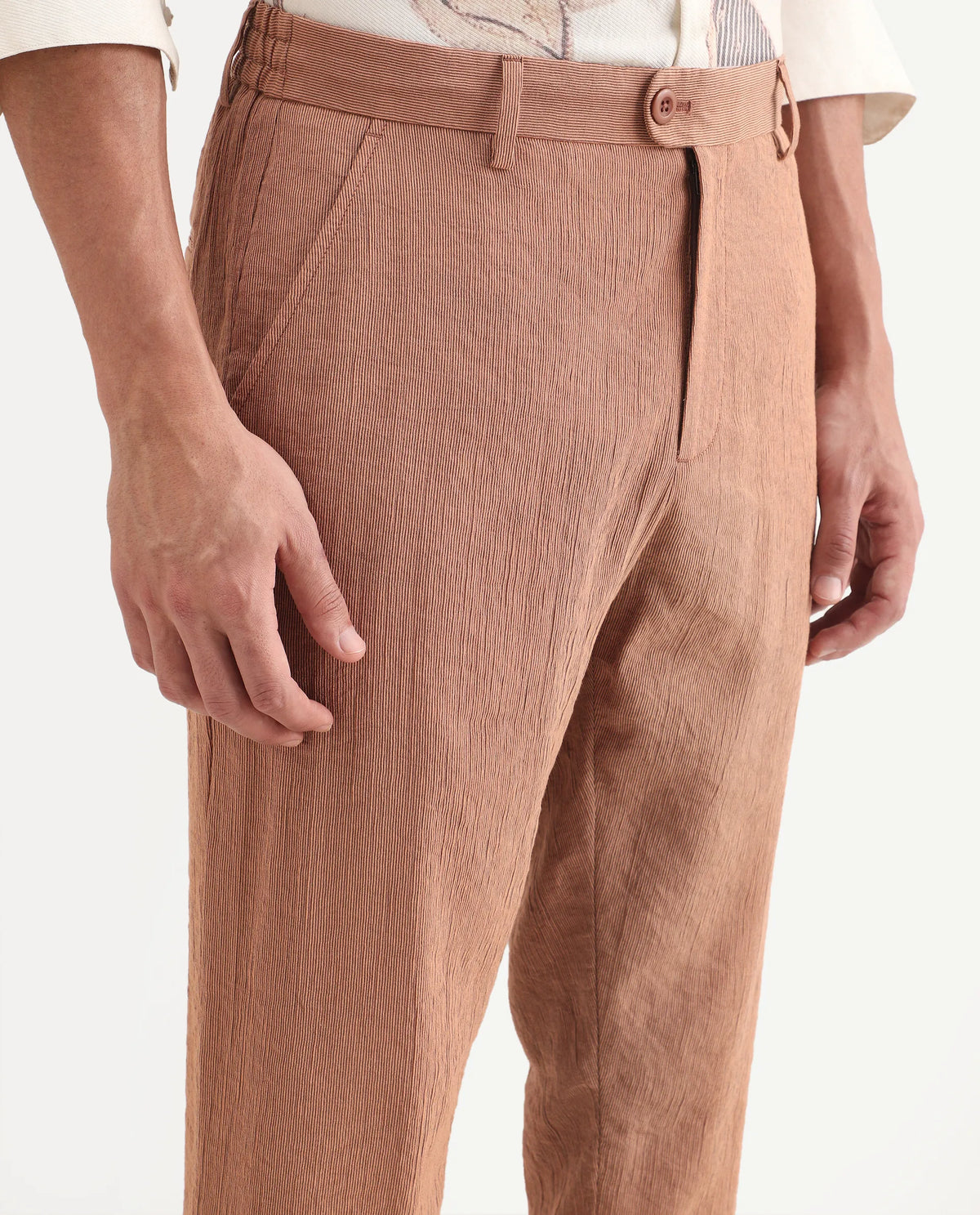Rare Rabbit Men's Tali-T Dusky Rust Viscose Blend Fabric Regular Fit Plain Trouser