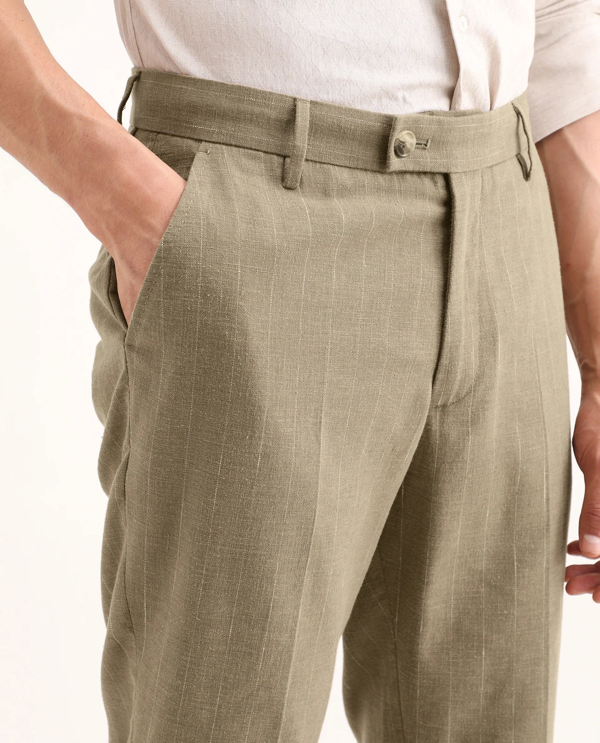 Rare Rabbit Men's Jlo-Ss26 Khaki Linen Blend Fabric Regular Fit Striped Trouser