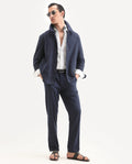 Rare Rabbit Men's Jlo-Ss26 Navy Linen Blend Fabric Regular Fit Striped Trouser