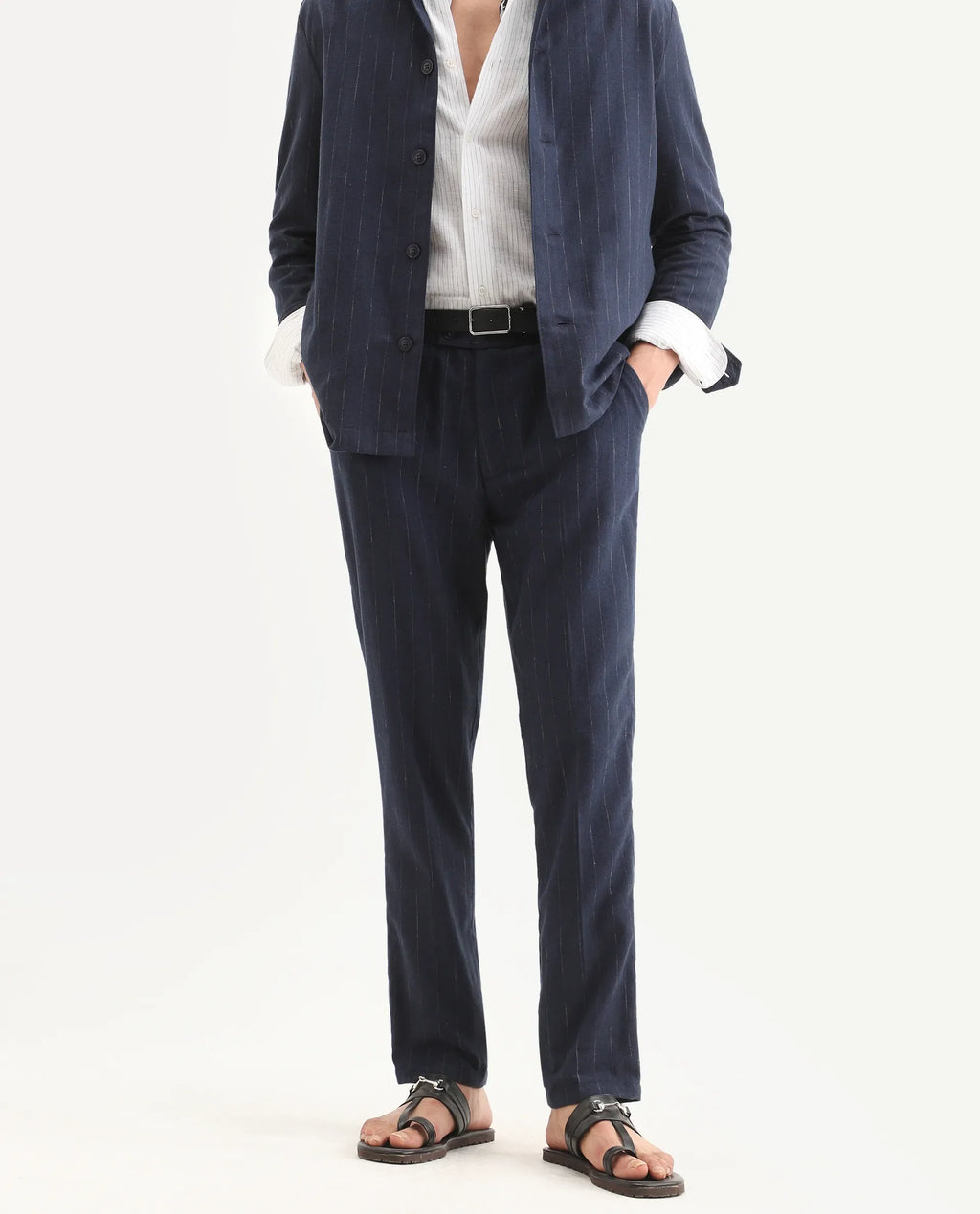 Rare Rabbit Men's Jlo-Ss26 Navy Linen Blend Fabric Regular Fit Striped Trouser